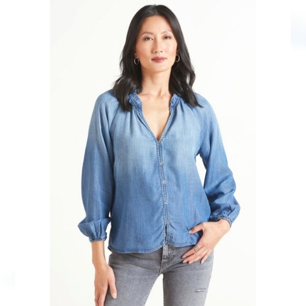 Cloth & Stone Chambray Denim Button Down V-Neck Shirt Top Casual Classic XS - Picture 14 of 14